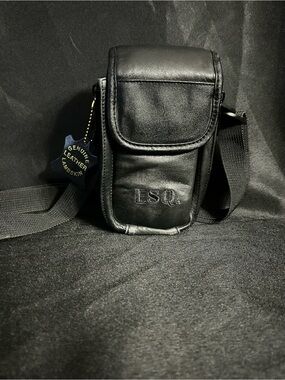 ESQ Genuine Black Leather Padded Crossbody Camera Phone Electronics Pouch